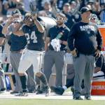 Oakland Raiders&rsquo; Marshawn Lynch (24) dances during a time out during a game against the New York Jets in the fourth quarter on Sunday at the Oakland Coliseum. (Nhat V. Meyer/Bay Area News Group/TNS)