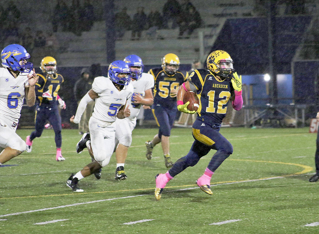 Brendan Carl Photography &mdash; Aberdeen running back Kylan Touch returns and interception 50 yards for a Bobcat Touchdown at Stewart Field on Friday night.