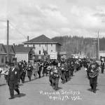 Courtesy Polson Museum                                A group of striking Hoquiam sawmill workers march west along Sixth Street on April 7, 1912. This was one of the early instances in Hoquiam when the Industrial Workers of the World attempted to mobilize mill and other workers on the Harbor.