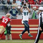 Seattle Seahawks wide receiver Nick Vannett (81) beats the San Francisco 49ers Eli Harold (57) for a touchdown in the third quarter on Sunday, Nov. 26, 2017 at Levis Stadium in Santa Clara, Calif. (Karl Mondon/Bay Area News Group/TNS)