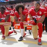 From left, San Francisco 49ers Eli Harold (58), quarterback Colin Kaepernick (7) and Eric Reid (35) kneel during the national anthem before their NFL game against the Dallas Cowboys on Sunday, Oct. 2, 2016 in Santa Clara, Calif. (Nhat V. Meyer/Bay Area News Group/TNS)