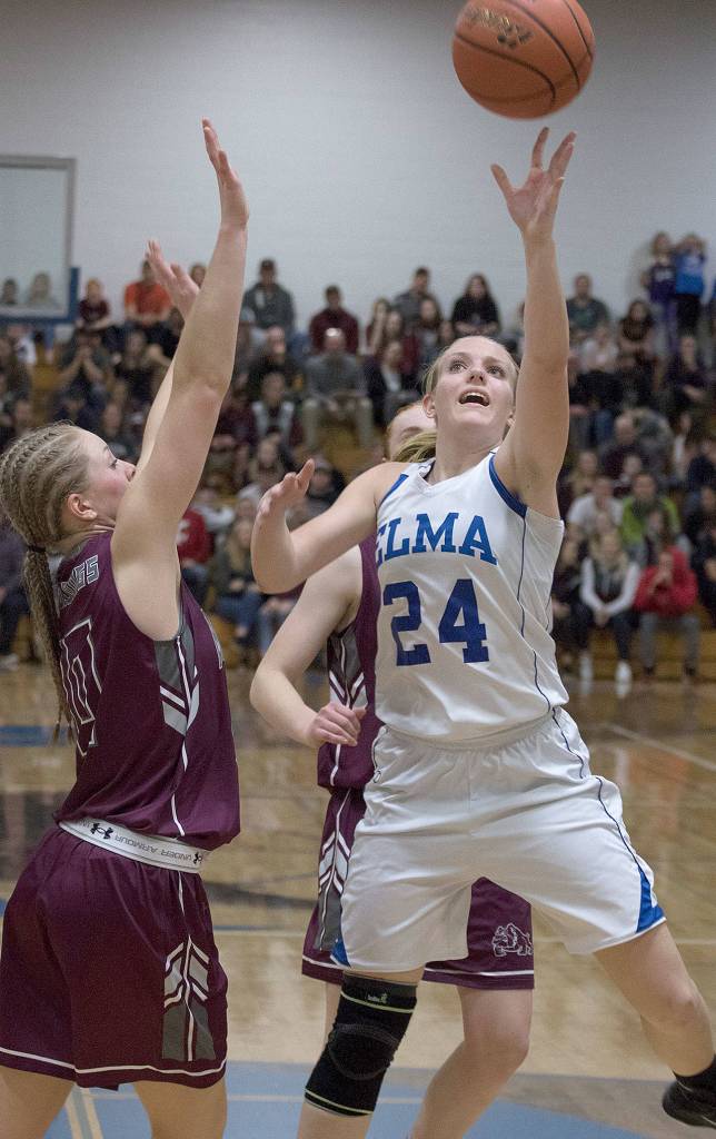 Elmas Molly Johnston takes a shot against Montesano in an Evergreen 1A League contest on Thursday. (Brendan Carl Photography)