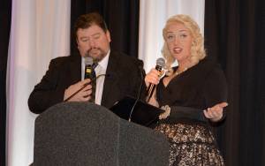 DAN HAMMOCK | THE DAILY WORLD                                Luceman and Logan served as auctioneers at the 2018 United Way Black and White Gala fundraiser. The two are morning radio hosts on KIX 95.3 fm.