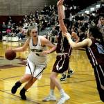 Montesanos Zoe Hutchings drives to the basket in the first quarter of a 1A District tournament game against Stevenson. Montesano won, 66-19.