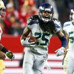 Seattle Seahawks cornerback Richard Sherman celebrates after intercepting a pass intended for San Francisco 49ers wide receiver Stevie Johnson during a game in 2014, at Levis Stadium in Santa Clara, Calif. (John Lok/Seattle Times/TNS)