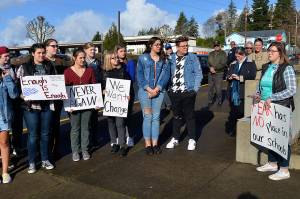 LOUIS KRAUSS | THE DAILY WORLD Aberdeen High School senior Nadia Wirta addresses the crowd during Wednesdays walkout to protest gun violence. Approximately 75 students participated, as did some in other schools around Grays Harbor.