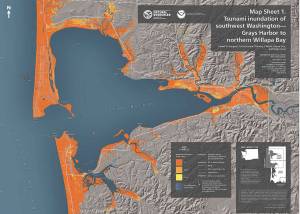 WASHINGTON GEOLOGICAL SURVEY                                This map released by the Department of Natural Resources Monday shows the potential impacts of a magnitude 9 earthquake off the coast. Such an event could cause a tsunami with waves up to 60 feet on the outer coast, up to 10 feet inside Grays Harbor and Willapa Bay.