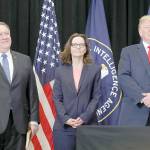 U.S. Secretary of State Mike Pompeo, Gina Haspel and President Donald Trump attend the swearing-in ceremony for Haspel as CIA director at agency headquarters Monday in Langley, Virginia. Last week the Senate confirmed Haspel to replaced Mike Pompeo, who was sworn in as Secretary of State earlier this month. (Mark Wilson/TNS)