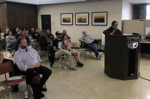 LOUIS KRAUSS | THE DAILY WORLD Rev. Sarah Monroe from Chaplains on the Harbor speaks out against Aberdeens new ordinances to prohibit sitting on downtown sidewalks and restrict panhandling.