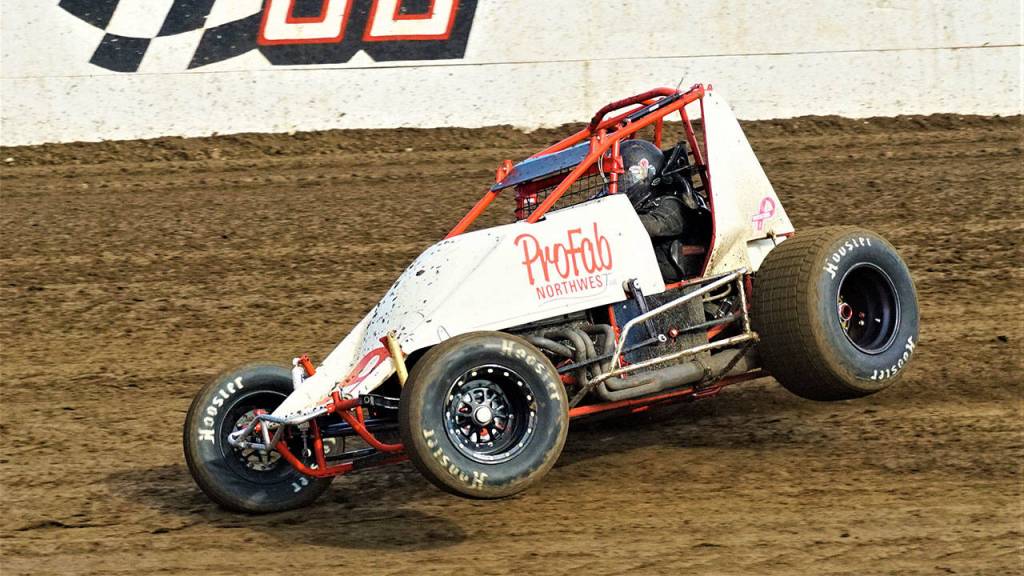 Bert Johnson begins to get upside down during a Wingless Sprint Series heat race at Grays Harbor Raceway. Rain caused a cancellation of the divisions main-event feature race. (Photo by AR Racing Videos)