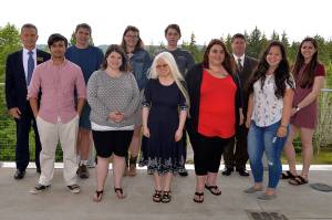 Grays Harbor College President Jim Minkler, top left, stands with this years top scholars. Top row from left after Minkler: Ben Burkhart, Emily Bjornsgard, Joshua Latimer, Richard Mudd, Emily Grace Takagi. Bottom row from left: Tigre Falla, Juli Hedrick, Hannah Raaberg, Andrea Andrews, and Cora Pope. Not pictured: Seth Brink and Kristen Edwards.