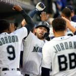 The Seattle Mariners Mitch Haniger, middle, celebrates in the dugout after ripping a two run go-ahead home run in the fifth inning against the Los Angeles Angels on Tuesday, June 12, 2018, at Safeco Field in Seattle. (Ken Lambert/Seattle Times/TNS)