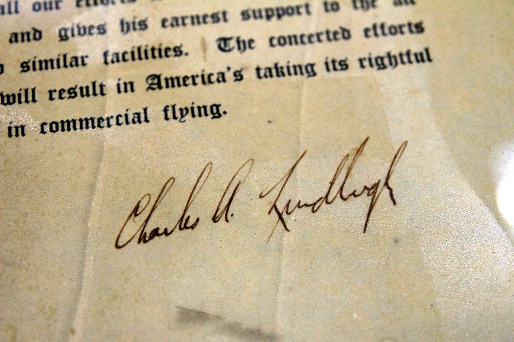 (Courtesy Washington State Archives) This is a letter signed by American aviator Charles Lindbergh, which was recovered Tuesday from the basement archives of the Aberdeen Museum of History.