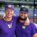 UW catcher Willie MacIver, left, his dear friend, pitcher Joe DeMers are pictured at Husky Ballpark before departing for the College World Series. (Ellen M. Banner/The Seattle Times)