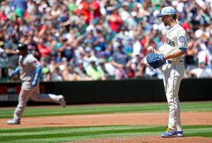 Seattle Mariners pitcher Mike Leake looks on as a fifth run scores during the disastrous third inning of the final game in the series against the Boston Red Sox on Sunday, June 17, 2018 at Safeco Field in Seattle, Wash. (Ken Lambert/Seattle Times/TNS)