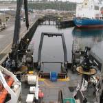 The stern of the NOAA ship Bell M. Shimada is shown while docked at the Port of Port Angeles marine terminal. (Rob Ollikainen/Peninsula Daily News)