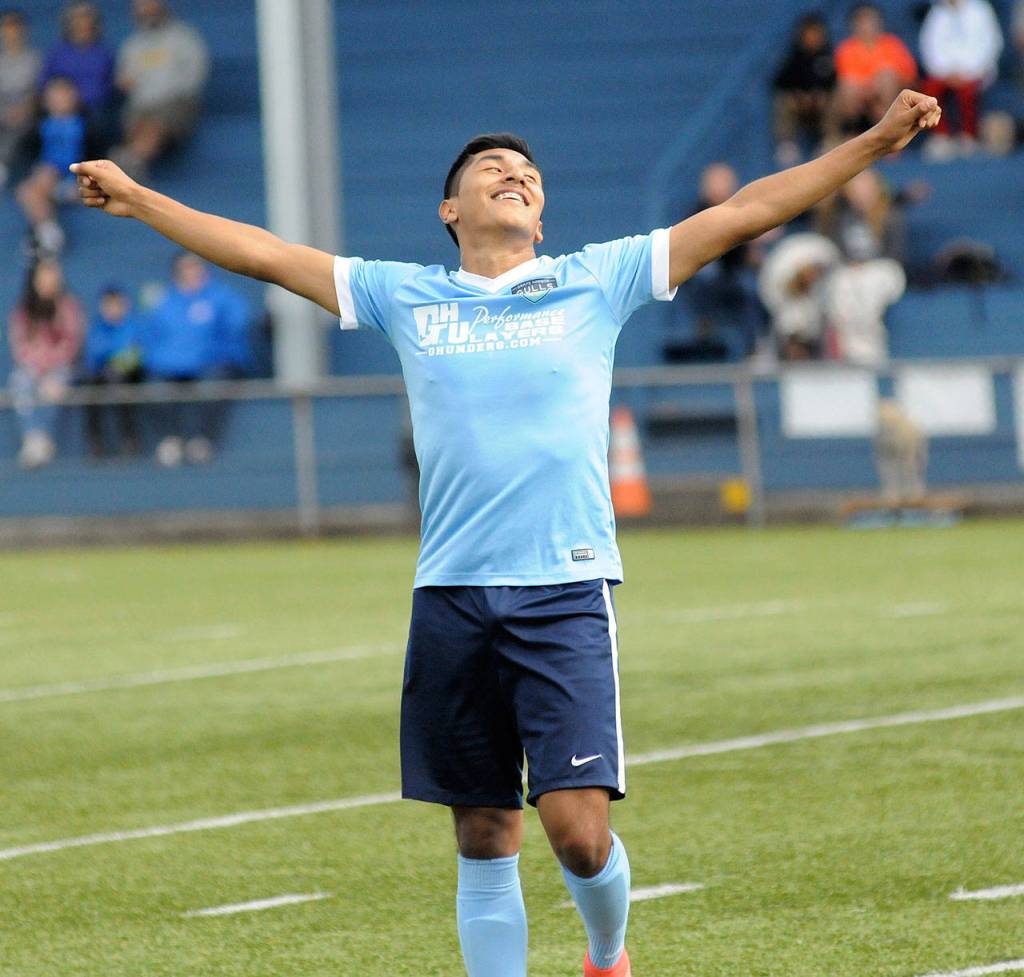 Juanito Lopez rejoices after scoring his third goal of the game on a free kick from approximately 30-yards out in the waning minutes of the Gulls 11-1 victory over Twin City Union on Sunday. (Ryan Sparks | The Daily World)