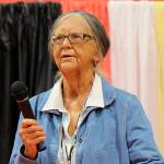 DAN HAMMOCK | THE DAILY WORLD                                Shoalwater Bay tribal chairwoman Charlene Nelson said masi to the group collected at the tsunami evacuation tower celebration on the reservation July 18. Masi is the tribal word for thank you.