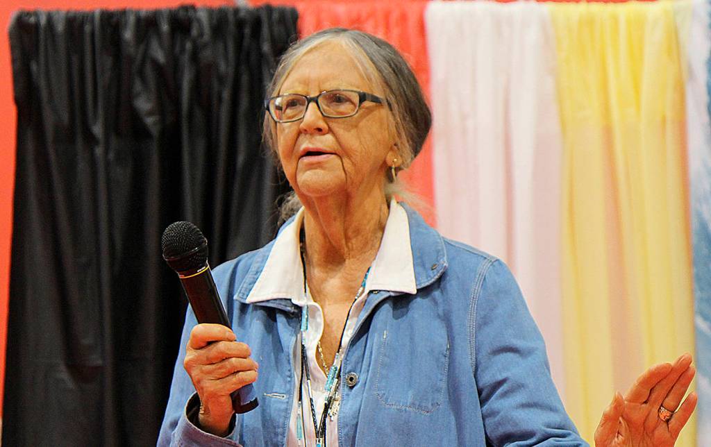 DAN HAMMOCK | THE DAILY WORLD                                Shoalwater Bay tribal chairwoman Charlene Nelson said masi to the group collected at the tsunami evacuation tower celebration on the reservation July 18. Masi is the tribal word for thank you.