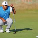 Tiger Woods lines up a putt on the 15th during day one of The Open Championship 2018 on Thursday, July 19, 2018 at Carnoustie Golf Links, Angus, Scotland. Woods shot a 71 on Friday and in contention at even par entering the weekend. (Richard Sellers/PA Wire/Zuma Press/TNS)
