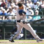 The Houston Astros Yuli Gurriel whips back after a close pitch from the Seattle Mariners Adam Warren on Wednesday, Aug. 1, 2018, at Safeco Field in Seattle. The Astros won, 8-3. (Bettina Hansen/Seattle Times/TNS)