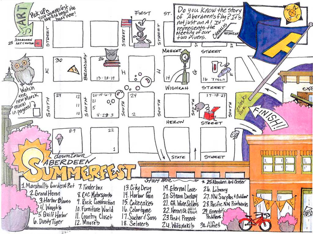 Courtesy image                                This colorful map, drawn by Lori Carossino, pinpoints the 30 downtown businesses participating in the Summerfest scavenger hunt.