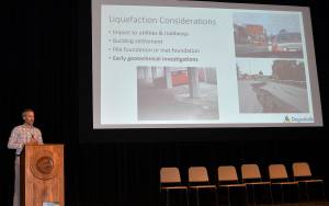 DAN HAMMOCK | THE DAILY WORLD Engineer Cale Ash, who worked on the Ocosta school tsunami evacuation platform project, discusses how liquefaction risk assessment can help developers design buildings suited to withstand such problems in the event of an earthquake. Ash is also involved with the engineering work for the vertical tsunami evacuation tower recently funded by FEMA for installation in Tokeland.