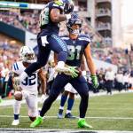 The Seattle Seahawks Nick Vannett (81) scores on a 4-yard pass from Russell Wilson in the first quarter against the Indianapolis Colts in preseason action at CenturyLink Field in Seattle on Thursday, Aug. 9, 2018. (Dean Rutz/Seattle Times/TNS)