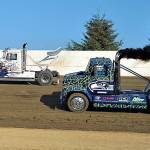 Leo Norris (76) and Jerome Burdick race around the Grays Harbor Raceway track in preparation for the Rolling Thunder Big Rigs race on Saturday in Elma. (Photo by AR Racing Videos)