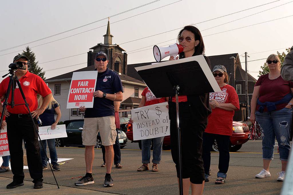 Louis Krauss | The Daily World                                Aberdeen Education Association President Michelle Reed speaks at Mondays rally at Aberdeen High School.