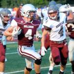 Montesanos Aydan Darst runs down the sidelines after catching a pass against Hoquiam at the Jamboree on Friday, Aug. 24. (Hasani Grayson | The Daily World)