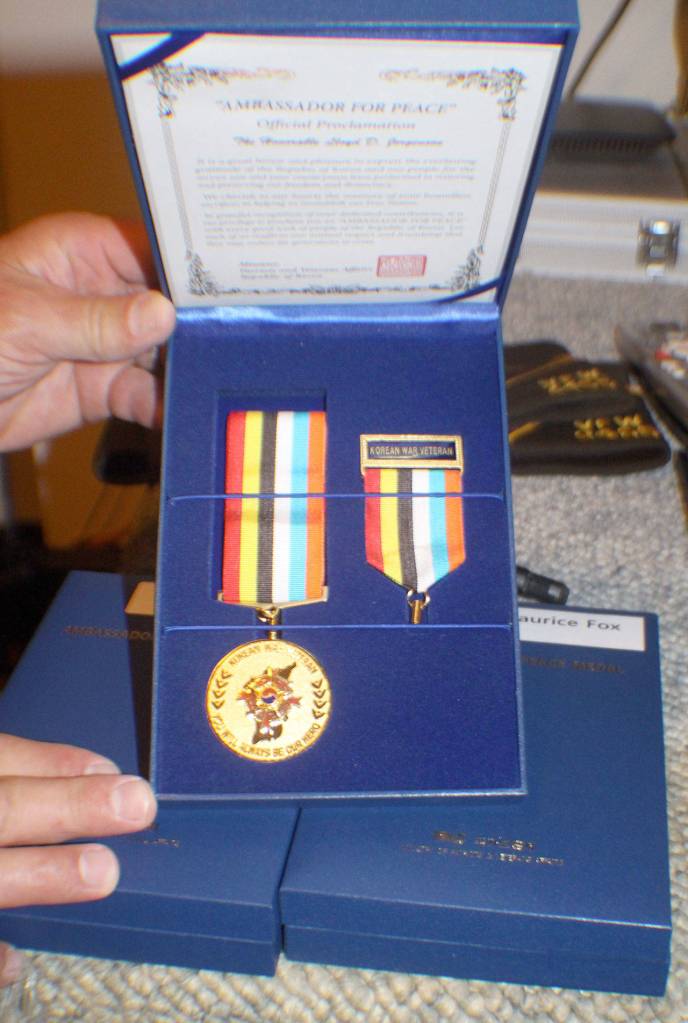 Michael Lang | The Vidette                                The Ambassador For Peace medal is for members of the military who served during the Korean War. On Monday, Aug. 21, 2018, Herb Beck of Montesano and Maurice Fox and Lloyd Jorgensen, both of Aberdeen, received the award at the Montesano Veterans of Foreign Wars hall in Montesano. This commemorative medal is an expression of appreciation from the Korean government to American service men and women who served in the Korean War, according to the state Department of Veterans Affairs website.