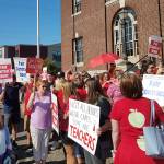 (Courtesy Michelle Reed) Teachers and community members crowd the sidewalk next to the Aberdeen School District offices on Wednesday prior to a bargaining session. The teachers union reached a tentative agreement on a new contract with the school district at 1:40 a.m. on Thursday.