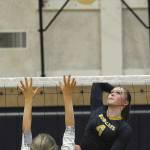 Aberdeens Kennedy Pruett (4) rises for a kill against Montesano at Sam Ben Gym on Thursday Night. (Hasani Grayson | The Daily World)