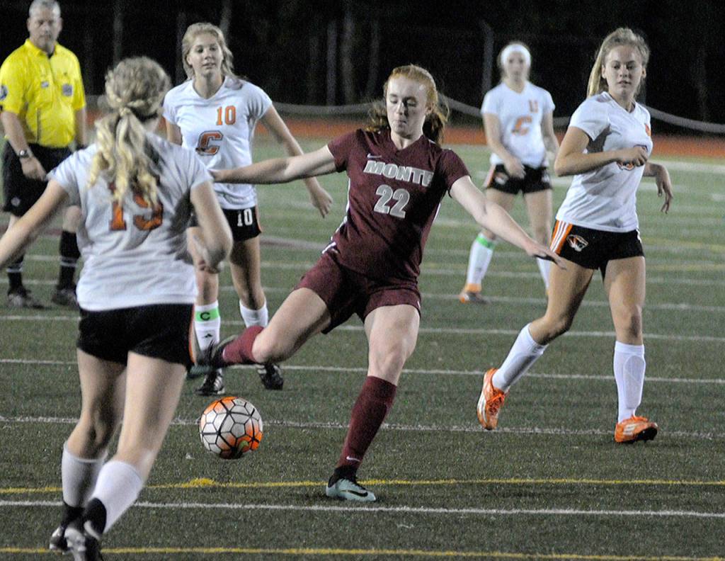 Montesano Zoee Lisherness takes a shot from the edge of the 18 yard box against Centralia on Tuesday. Lisherness scored two goals in Montes 5-0 win. (Hasani Grayson | The Daily World)