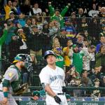 Oakland fans roar after Mariners third baseman Kyle Seager strikes out to end the game with the As already clinching the wildcard earlier, Monday, Sept. 24, 2018, at Safeco Field in Seattle. The As won, 7-3. (Ken Lambert/The Seattle Times/TNS)