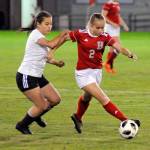 Hoquiams Sydney Carlyle, right, dribbles against Raymond-South Bends Alondra Rosas during Tuesdays game at Olympic Stadium (Ryan Sparks | The Daily World)                                Hoquiams Sydney Carlyle, right, dribbles against Raymond-South Bends Alondra Rosas during Tuesdays game at Olympic Stadium (Ryan Sparks | The Daily World)