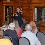 Louis Krauss | The Daily World                                Aberdeen Police Chief Steve Shumate speaks to the crowd during a community meeting Thursday night at the Rotary Log Pavilion.