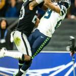Seattle Seahawks wide receiver Doug Baldwin makes a 42-yard reception against Oakland Raiders cornerback Daryl Worley on Sunday, Oct. 14, 2018 at Wembley Stadium in London, England. (Bettina Hansen/Seattle Times/TNS)