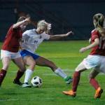 Hoquiams Taylor Strom, left, and Elmas Brooke Sutherby battle for possession in the second half of a match at Olympic Stadium. (Hasani Grayson | Grays Harbor News Group)