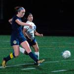 Aberdeens Emmy Walsh takes a shot on goal in the second half of a game against Rochester on Tuesday night. Walsh scored the eventual game-winning goal in the 45th minute. (Hasani Grayson | Grays Harbor News Group)