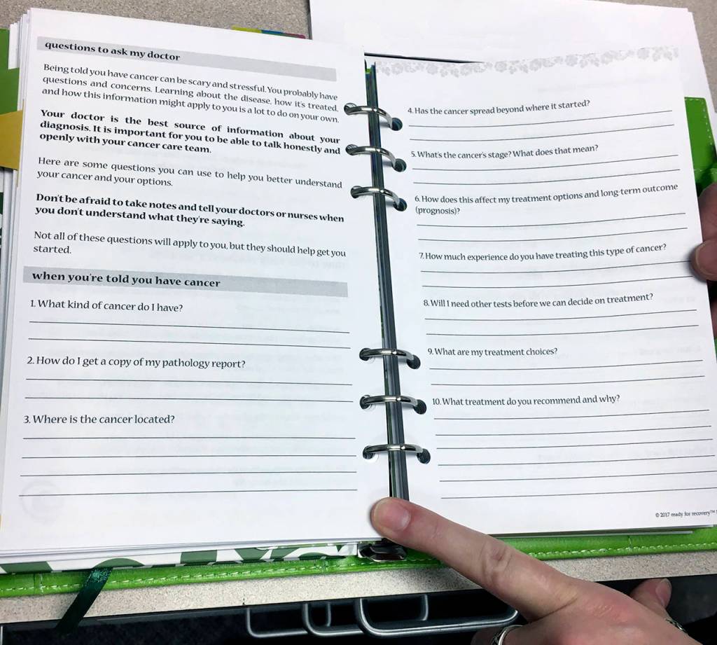 (Kat Bryant | Grays Harbor News Group) Dawn Heckathorn gives patients whove been diagnosed with breast cancer a helpful bundle of information, including this Ready for Recovery journal and treatment planner. I had a grant from the Komen Foundation, and I created these bundles for women who are newly diagnosed, to help them on their journey, she said.