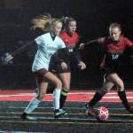Montesanos Anna Ayers looks for room to get a shot off near the top of the box in the second half against Tenino on Thursday. (Hasani Grayson | Grays Harbor News Group)