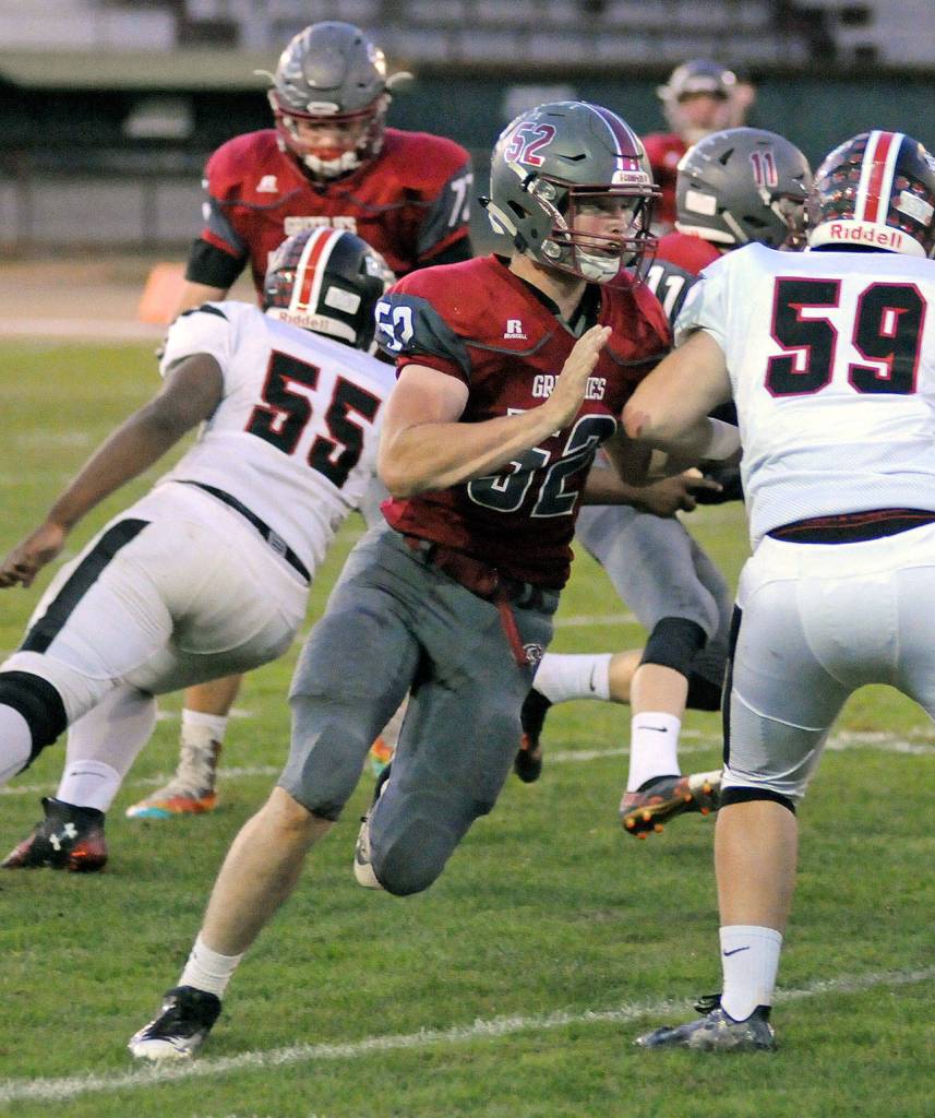 Hoquiam senior linebacker Brady Cummings was a factor on defense in the Grizzlies 42-13 rout of Forks on Friday. Cummings had a game-high 15 tackles, two sacks and a fumble recovery in the victory. He was named The Daily Worlds Game Ball winner for defense for his performance. (Ryan Sparks | Grays Harbor News Group)