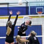 Ocostas Layne Martin gets her shot over the net in the third set against Mossyrock on Tuesday night. Martin had 13 kills and 6 aces in Ocostas 3-1 win over the Vikings. (Hasani Grayson | Grays Harbor News Group)