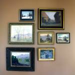 (Photo by Mitchell Chapman) Serene landscapes painted by California, Colorado and Massachusetts artists, hung in the authors home. Most purchased on eBay.