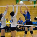 Lake Quinaults Katlynn Neeland gets her shot over the net in the second set of a match against Naselle. (Hasani Grayson | Grays Harbor News Group)