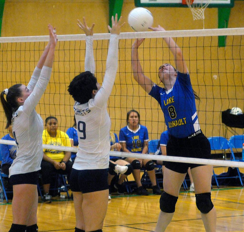 Lake Quinaults Katlynn Neeland gets her shot over the net in the second set of a match against Naselle. (Hasani Grayson | Grays Harbor News Group)
