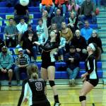 Ocostas Kylee Poirer gets her shot over the net in the third set against Kalama. (Hasani Grayson | Grays Harbor News Group)