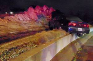 Courtesy of the Aberdeen Police Department                                This car crashed into the Breaker statue on Simpson Avenue in Aberdeen on Friday night.